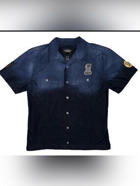 Harley Davidson Blue Work Shirt with Upside Down Patch, Patches Snap Button Down